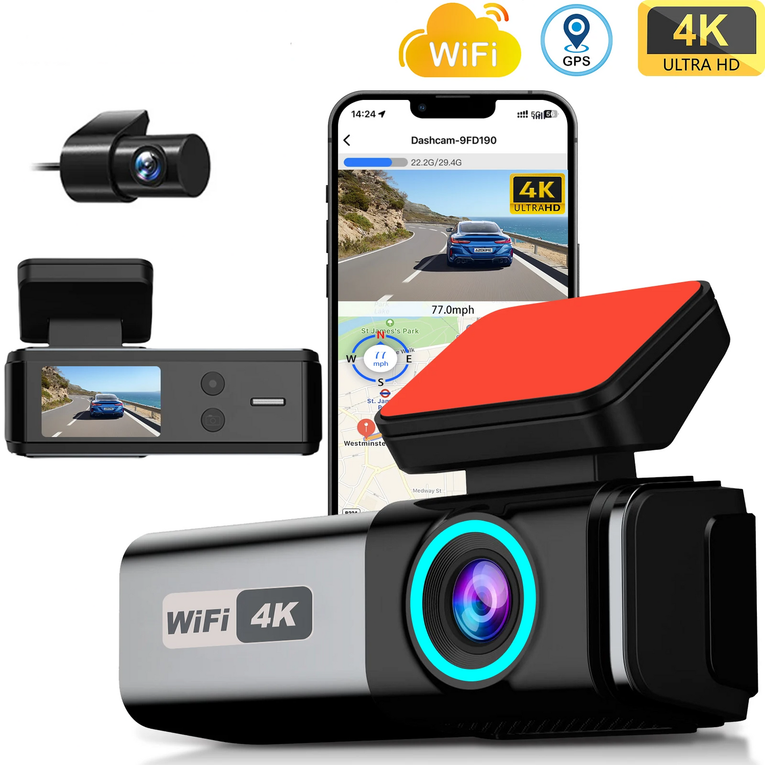 Aprilboy 4K WIFI Dash Cam 2160P Car DVR Front and Rear Dual Lens Auto Car Camera with Night Vision G-Sensor 24H Parking Monitor